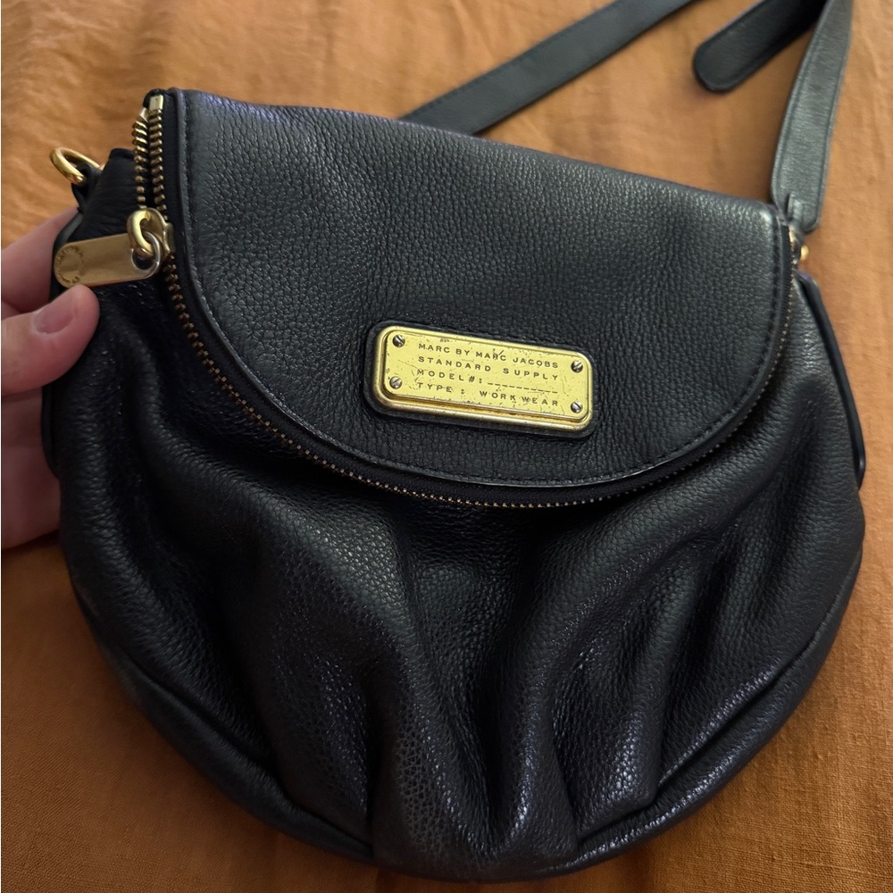 Marc by Marc Jacobs Black Pebbled Leather Crossbody with Gold Plaque